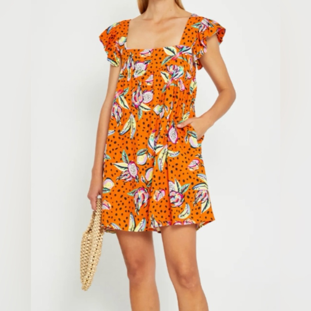 Kourt Aria Linen Tropical Short Dress Pockets Fruit Bird Medium Orange